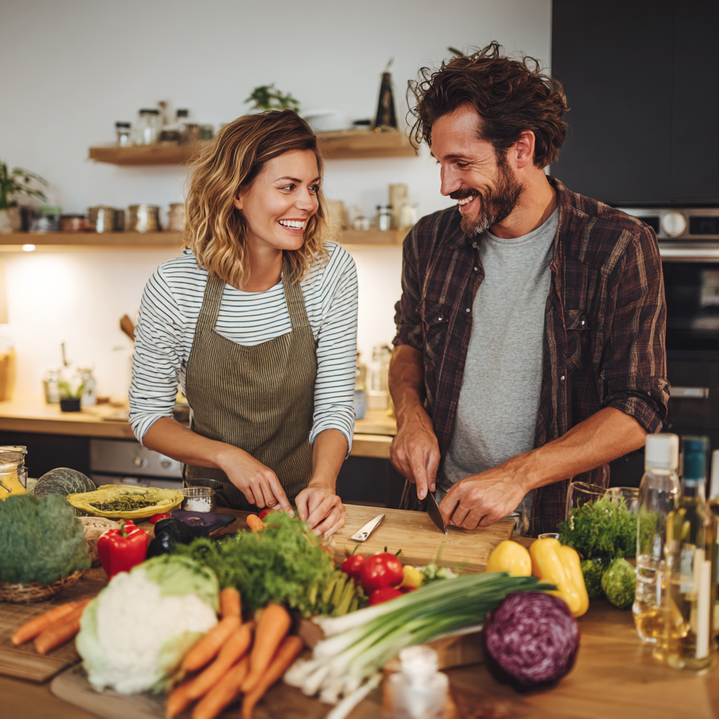 Vidám európai nő, fiatal felnőtt, egészséges és fit megjelenés, konyhában egészséges ételekkel