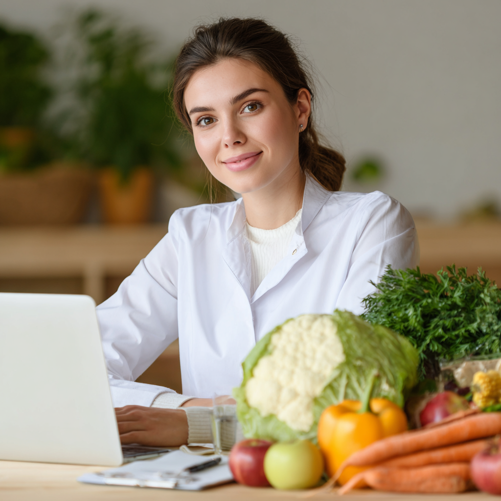 Középkorú európai férfi és nő, professzionális öltözékben, iroda környezetben, mosolygós arckifejezéssel, táplálkozási tanácsadók